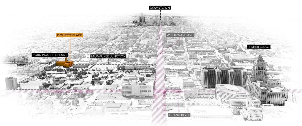 Context District Analysis Diagram of Piquette Place Commercial Office Project distance to downtown Detroit Michigan Architecture Adaptive Reuse